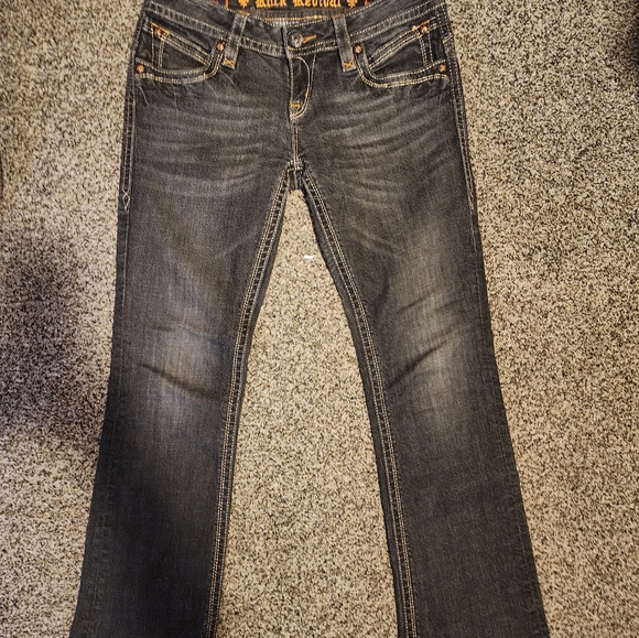 Rock Revival 28 Gwen Easy Boot Mid Rise Boot Cut Dark Grey Rhinestone Pockets - Picture 5 of 5